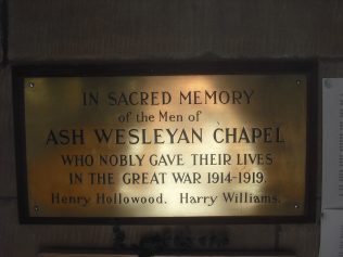 Ash Weslyan Chapel First World War Memorial Plaque