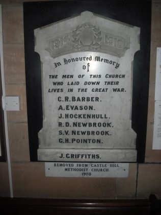 Castle Hill Methodist Church World War 1 Memorial Plaque, Whitchurch, Shropshire.